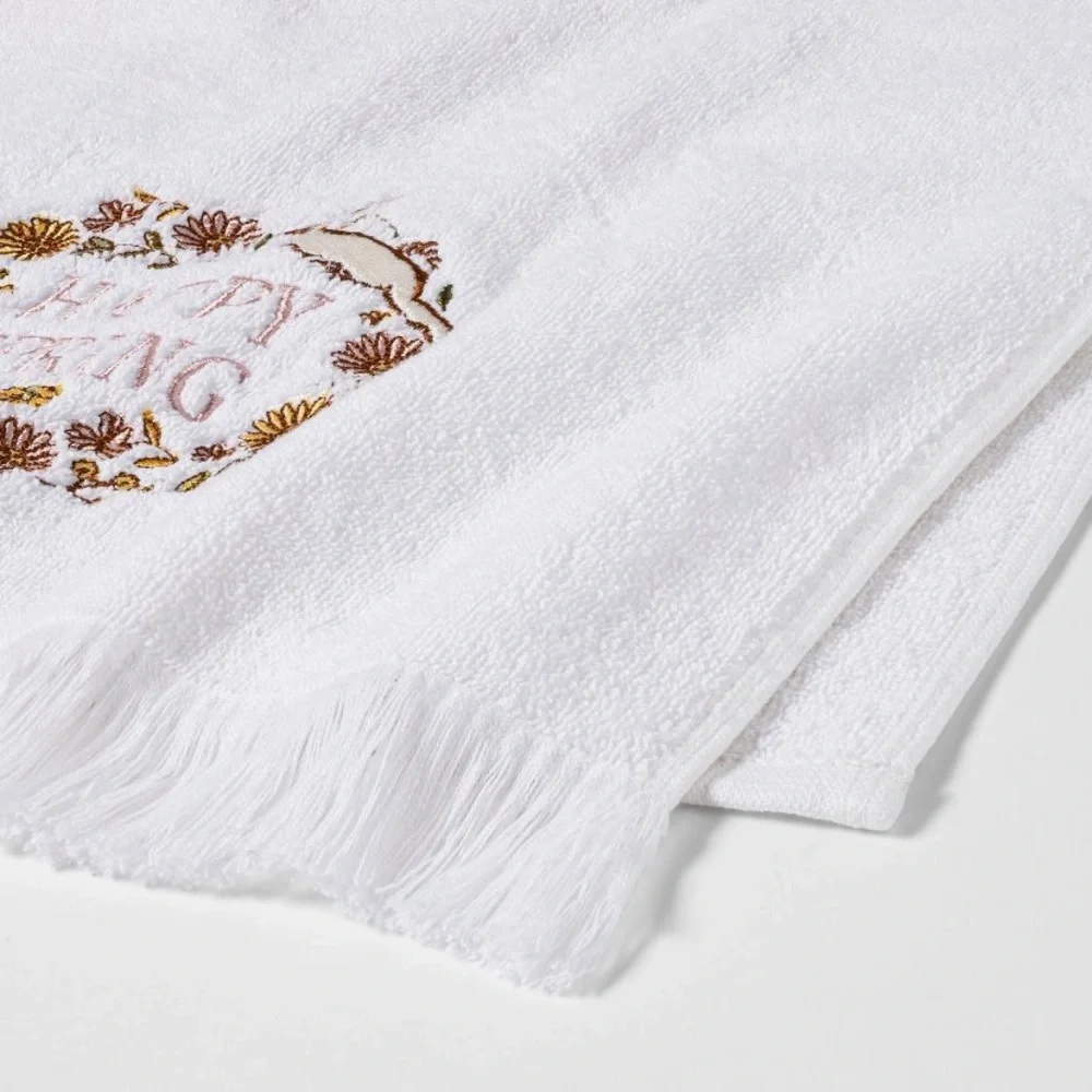 Happy Spring Hand Towel White Embroidered